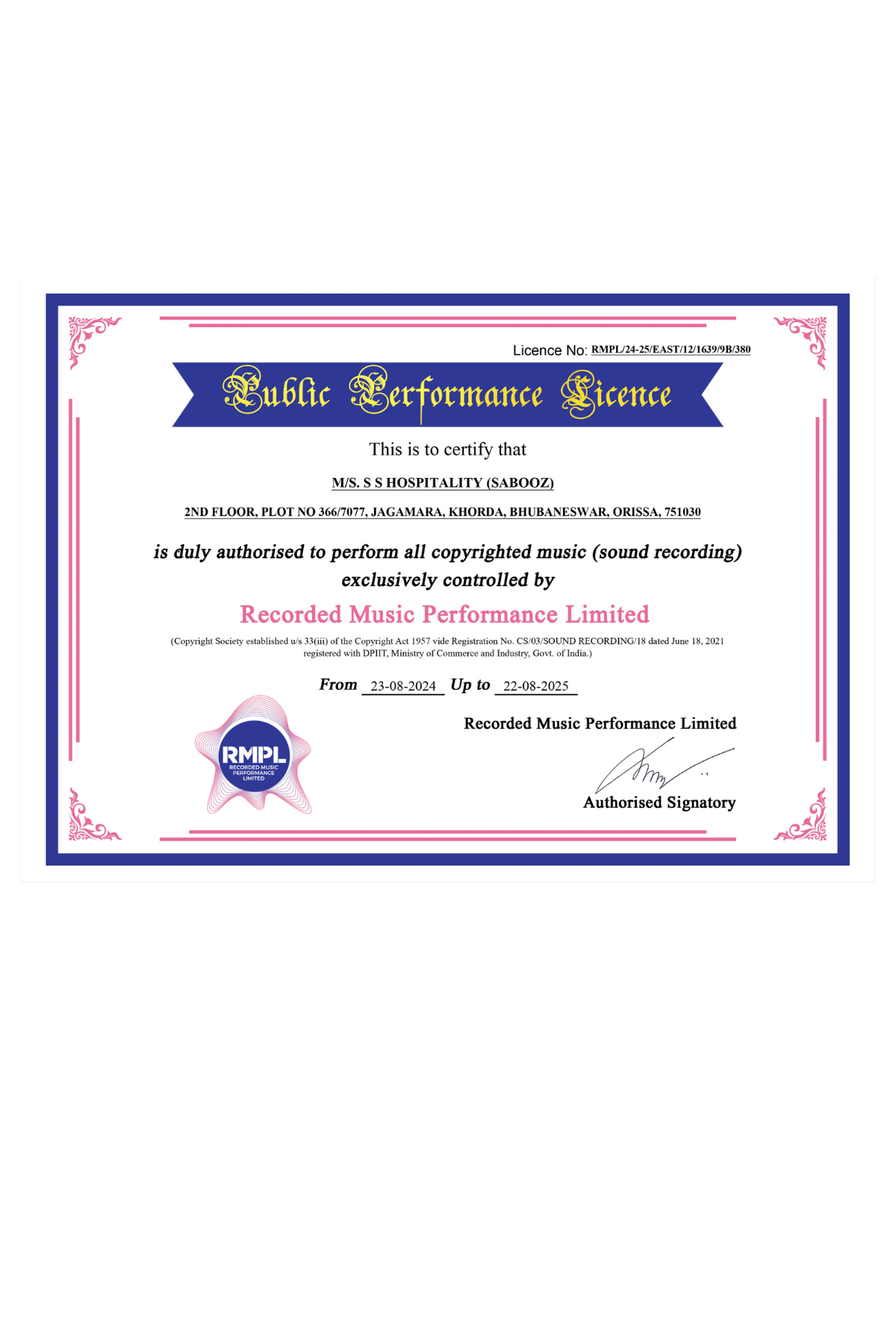 Public Performance Licence